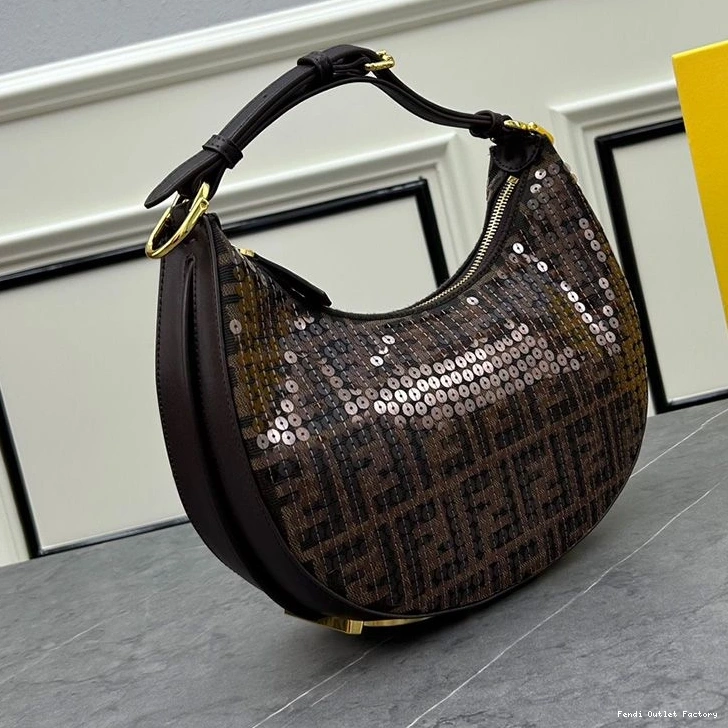 Vintage HOT Fendigraphy In with FF Small Fabric Fendi Hobo Brown Motif Sequins Bag 0825